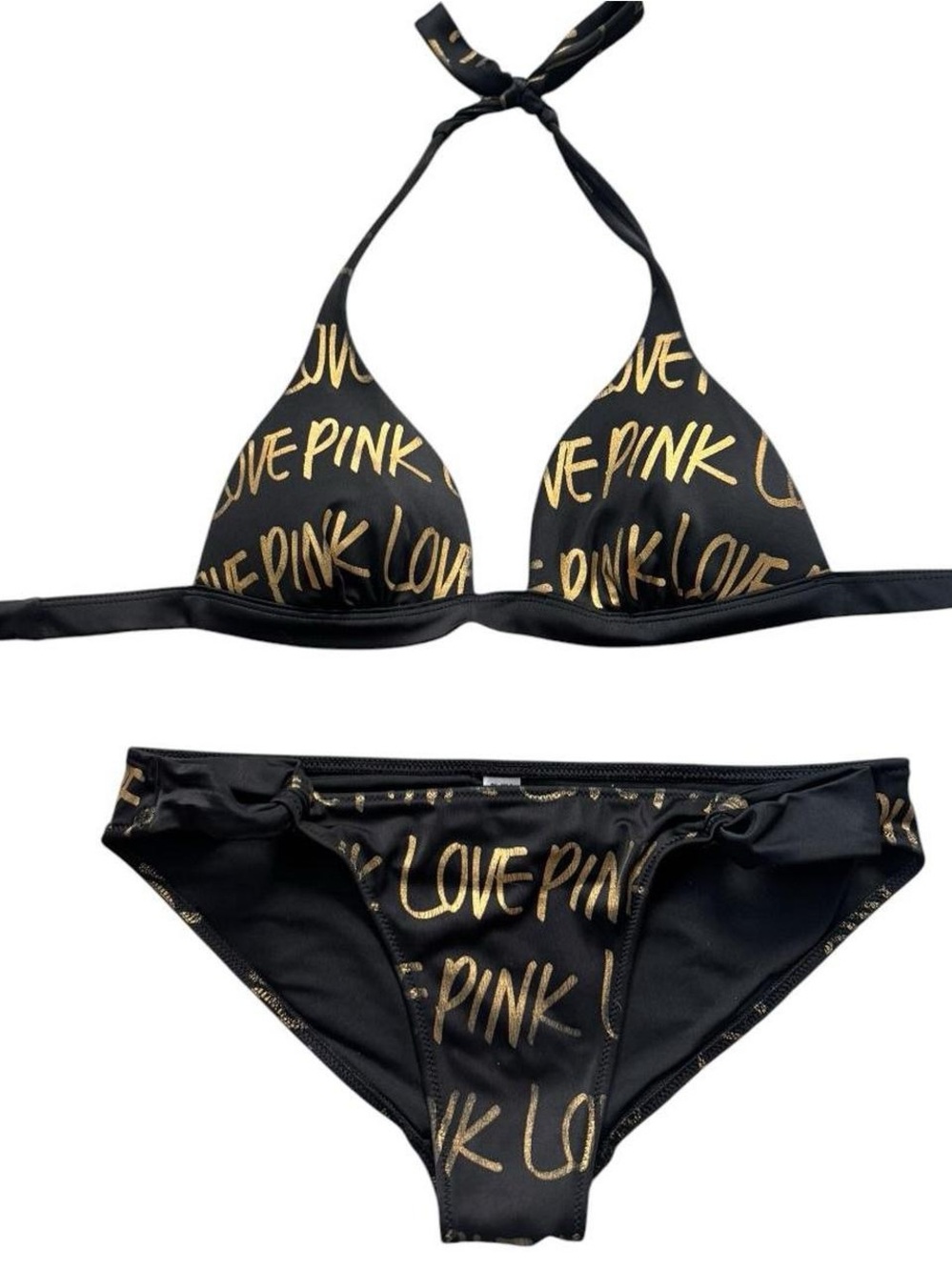 Victoria's Secret PINK Black Bikini Set with Gold 'LOVE PINK' Print